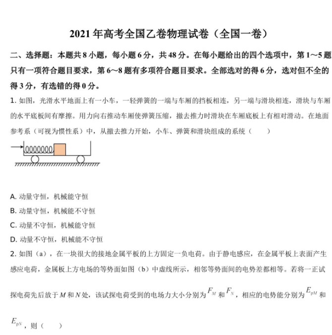 2021年全国乙卷物理参考版高考真题与解析必考热点插图 2021年全国乙卷物理参考版高考真题与解析必考热点插图